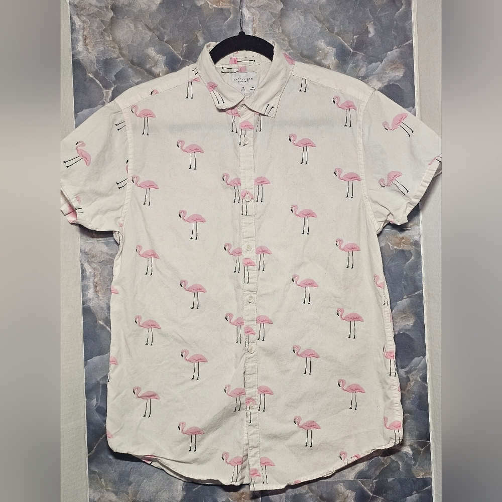 Cactus Man Ricky Singh Men's SZ Small FLAMINGO Print Shirt White Pink Slim Fit